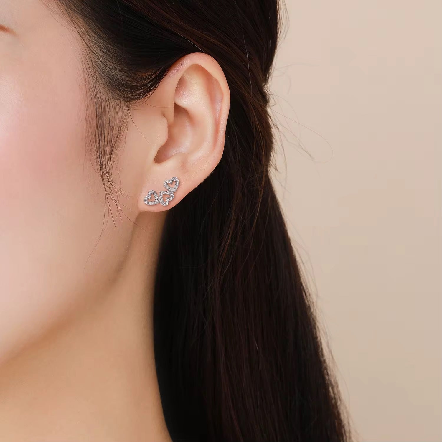 Diamond Triple Heart Mini Stud Earrings S925 Sterling Silver