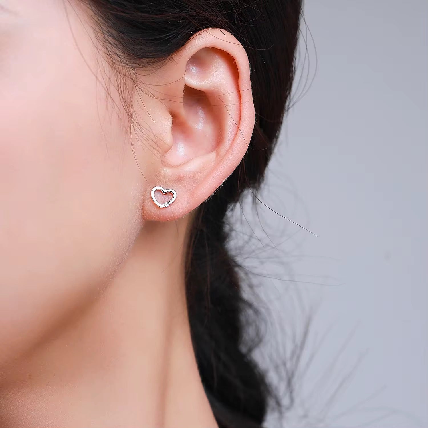 Open Heart Stud Earrings With Zircon Crystal S925 Silver Plated