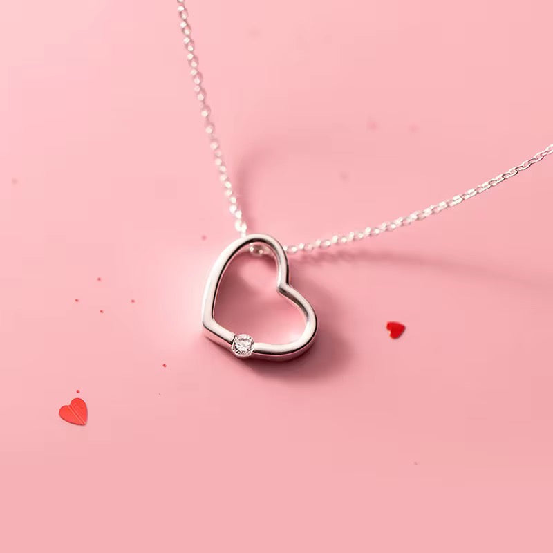 Love Heart Necklace Hallow Pendant With Zircon Crystal In S925 Sterling Silver With Zircon