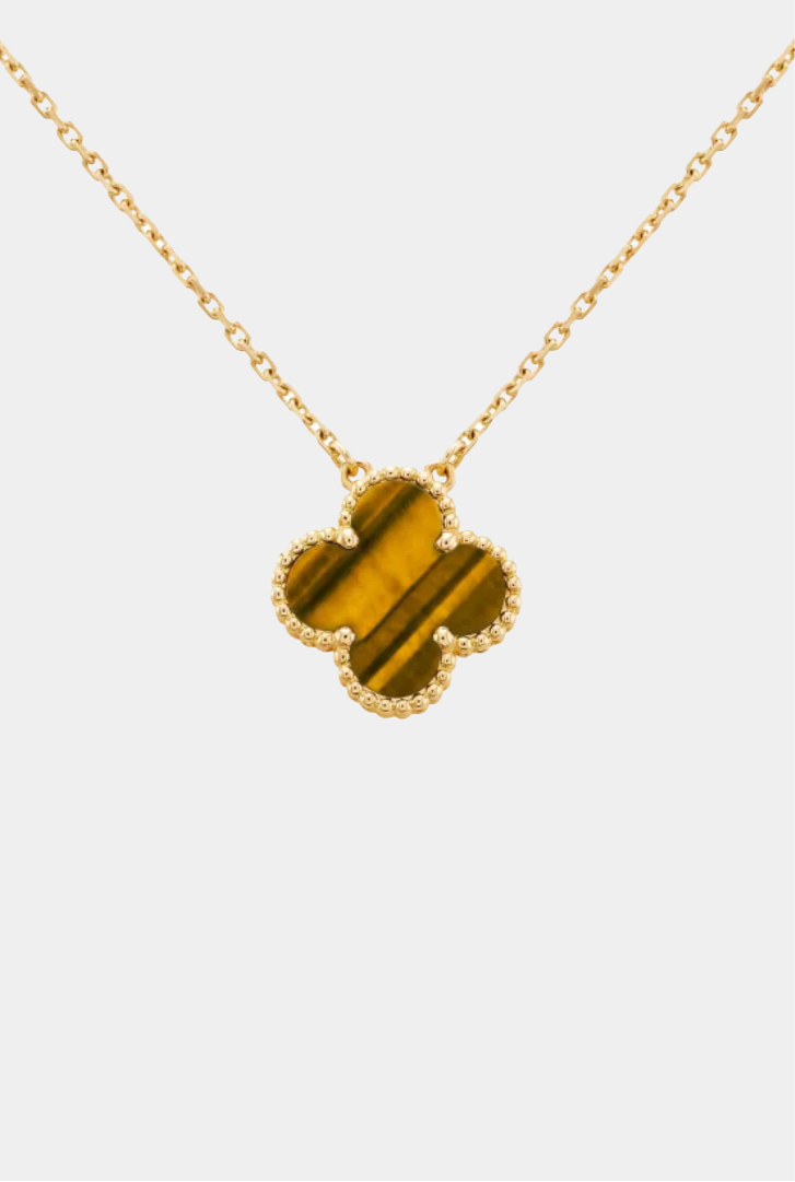 Clover Necklace Four Leaf Tiger Eye Gemstone 18k Gold Pendant Necklace