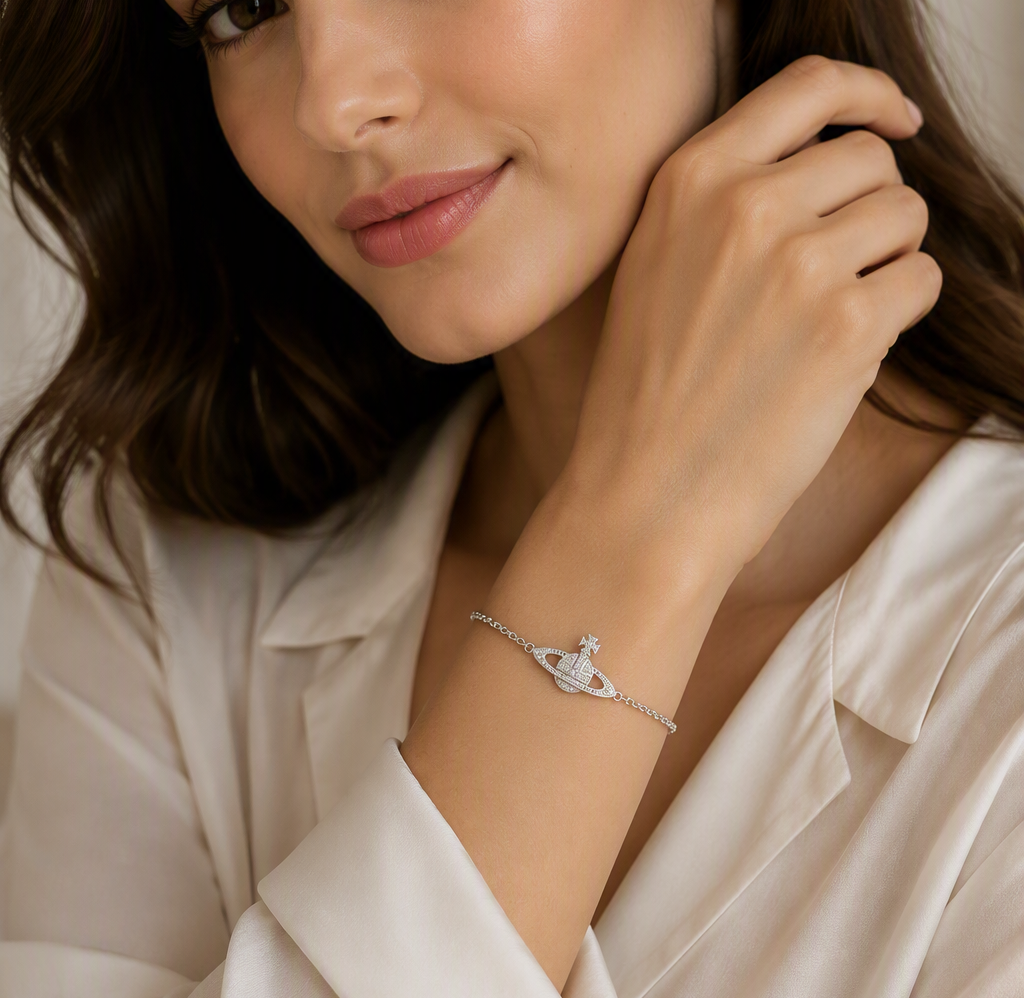 Vivienne Planet Charm Bracelet in Silver & Diamonds