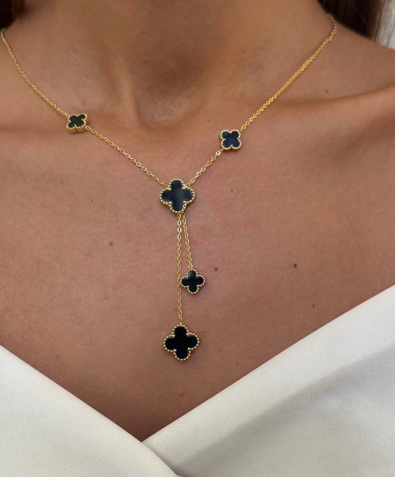 Clover Necklace 18k Gold Onyx Stone Four Leaf Flower
