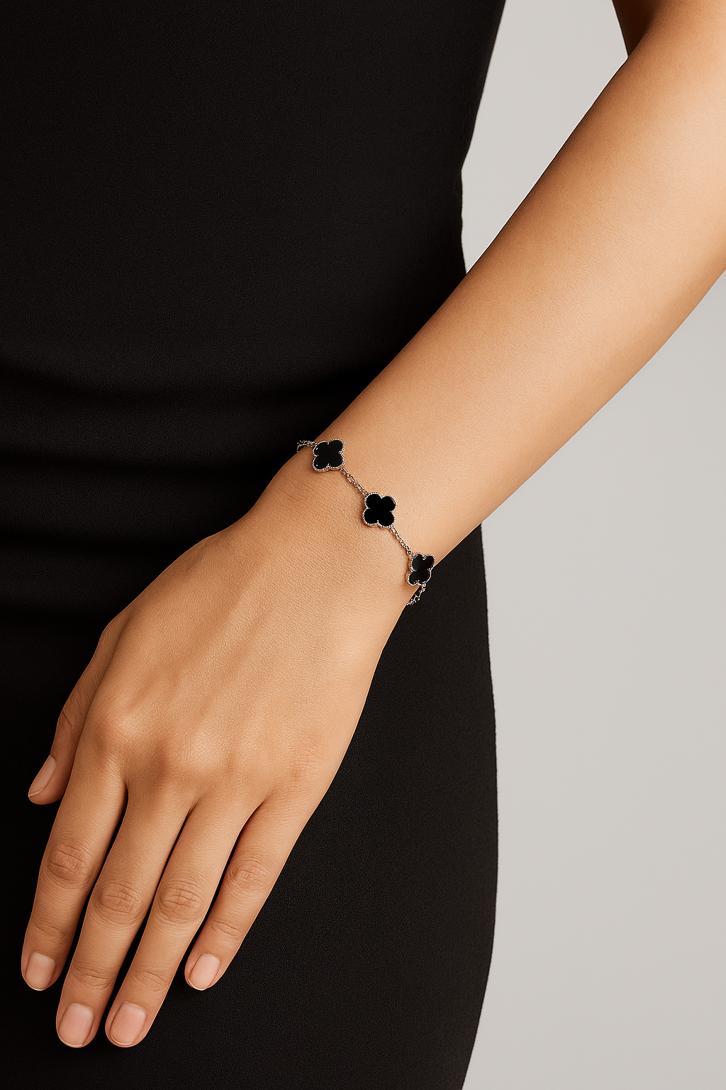 Clover Bracelet Onyx Gemstone Lucky Clover Four Leaf Flower Silver Charm Bracelet