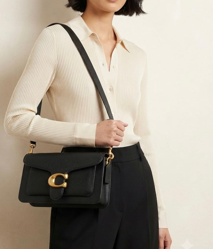 Women C Black Leather Handbag Shoulder Strap