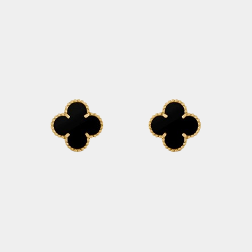 Clover Earrings Mini Four Leaf Flower 18k Yellow Gold Onyx Gemstone