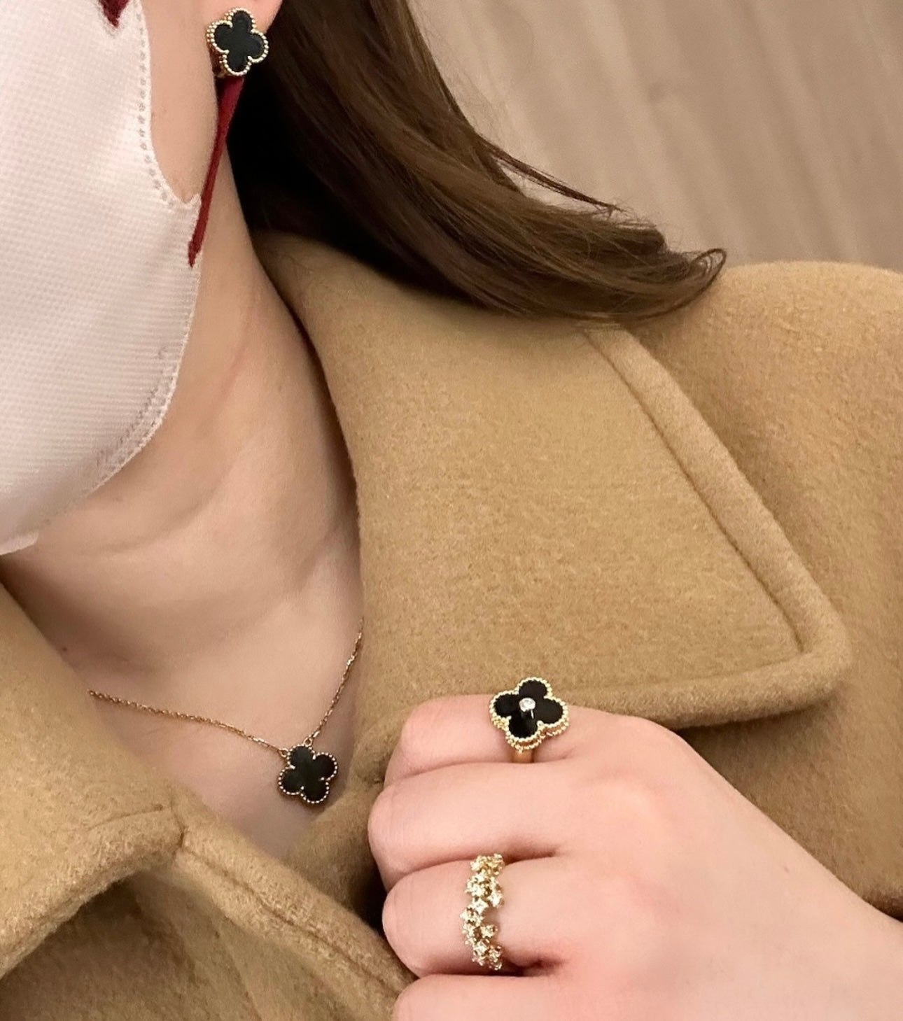 Clover Set Onyx Gemstone Necklace 18K Gold With Matching Bracelet & Earrings