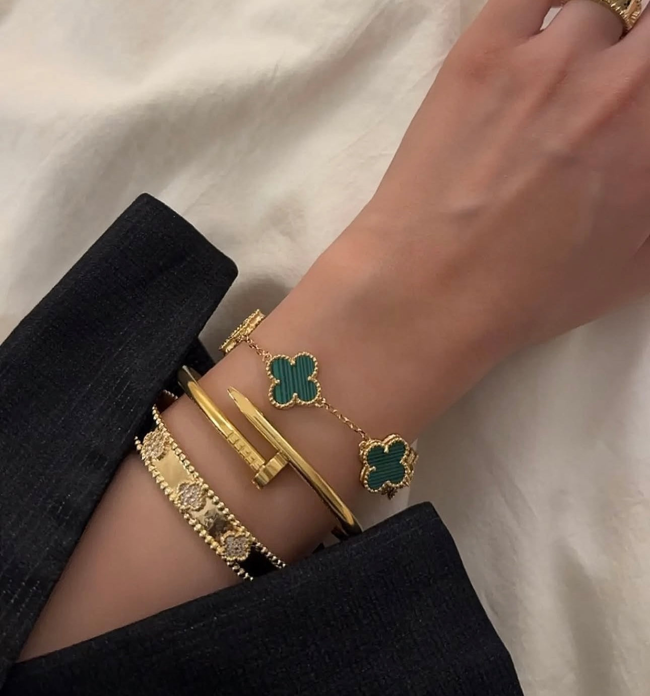 Clover Set Malachite Gemstone Necklace 18K Gold With Matching Bracelet & Earrings