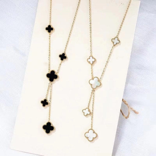 Clover Necklace 18k Gold Onyx Stone Four Leaf Flower