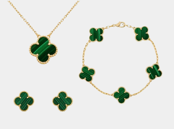 Clover Set Malachite Gemstone Necklace 18K Gold With Matching Bracelet & Earrings