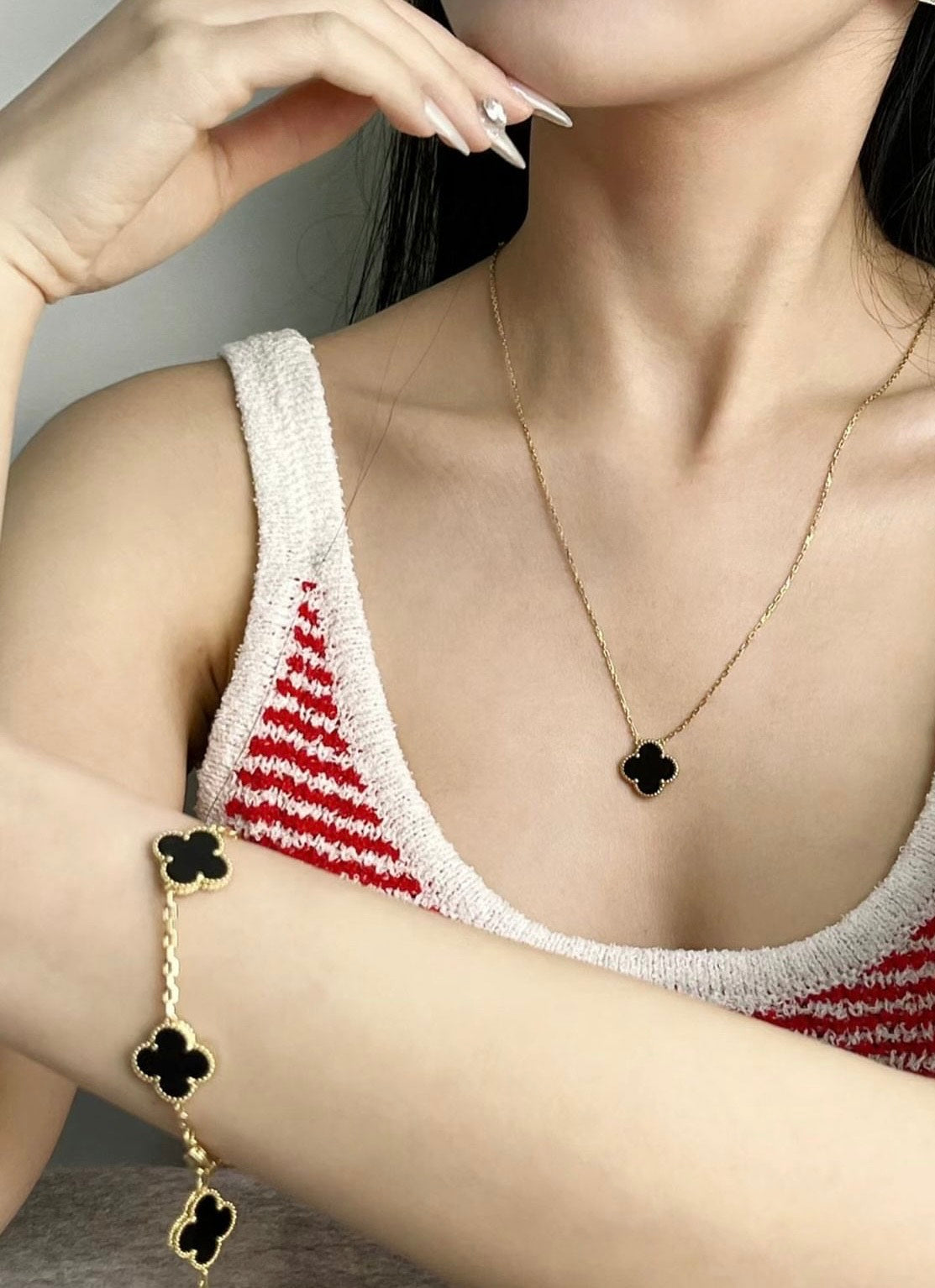 Clover Necklace Four Leaf Flower Onyx Stone 18k Gold Pendant Necklace