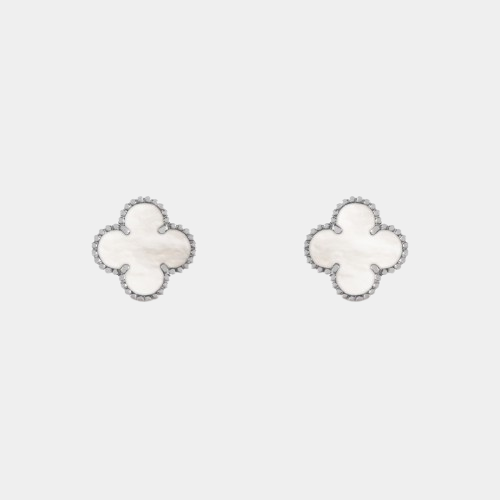 Clover Earrings Mini Lucky Clover Four Leaf Flower Silver Mother of Pearl Gemstone