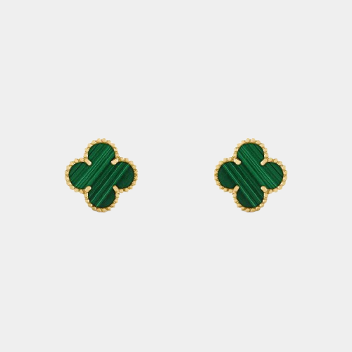 Clover Earrings Mini Four Leaf Flower 18k Yellow Gold Malachite Gemstone