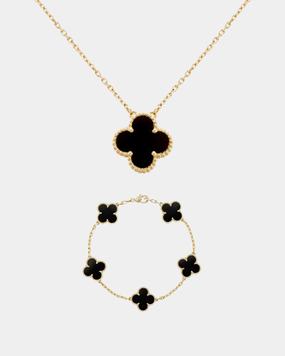 Clover Set Onyx Gemstone Necklace With Matching Bracelet 18k Gold
