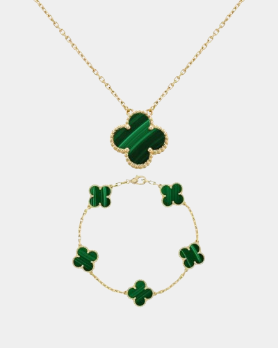Clover Set Malachite Gemstone Necklace With Matching Bracelet 18k Gold
