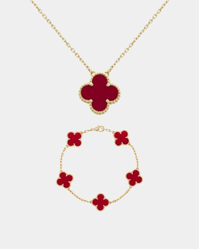 Clover Set Carnelian Gemstone Necklace With Matching Bracelet 18k Gold