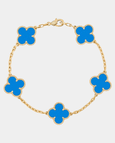 Elegant blue clover bracelet in a polished 18k gold setting, designer-style gemstone jewellery for a sophisticated look.