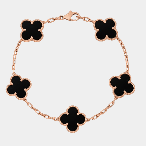 Clover Bracelet Lucky Clover Onyx Gemstone Four Leaf Flower 18k Rose Gold Charm Bracelet - Seven Gates