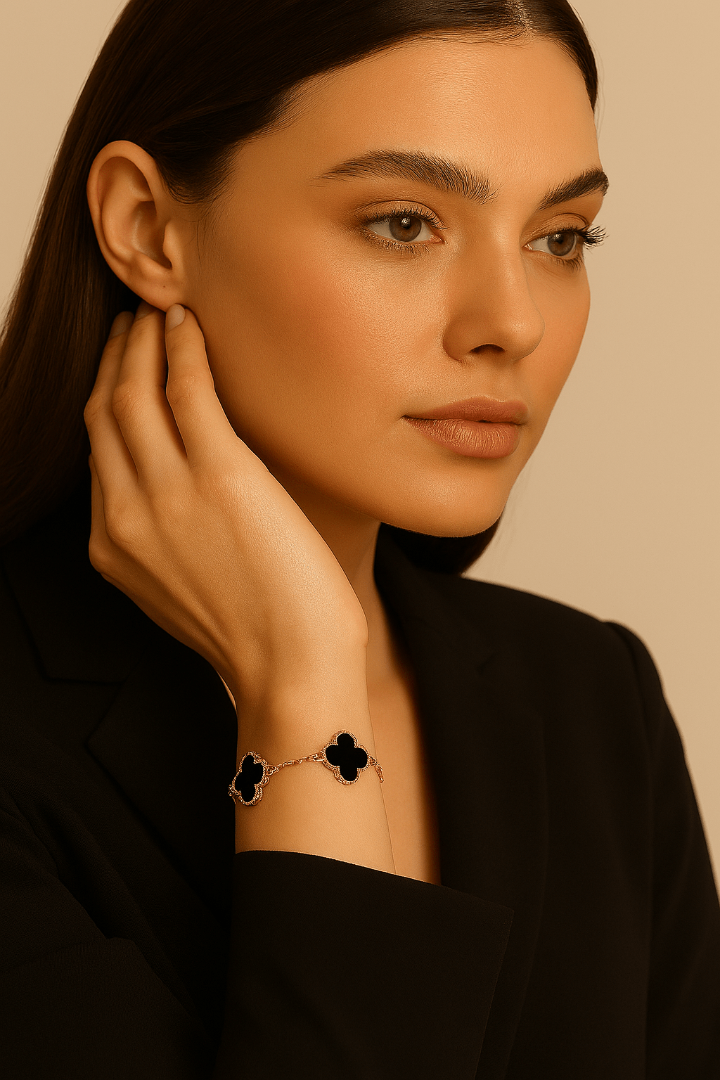 Clover Bracelet Lucky Clover Onyx Gemstone Four Leaf Flower 18k Rose Gold Charm Bracelet - Seven Gates