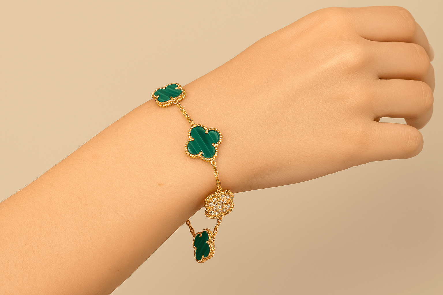 Clover Bracelet Malachite With Zircon Lucky Clover Four Leaf Flower 18k Gold Charm Bracelet - Seven Gates
