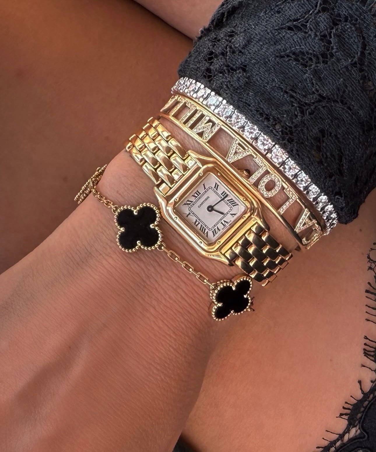 Clover Bracelet Onyx Gemstone Four Leaf Flower 18k Gold Charm Bracelet - Seven Gates