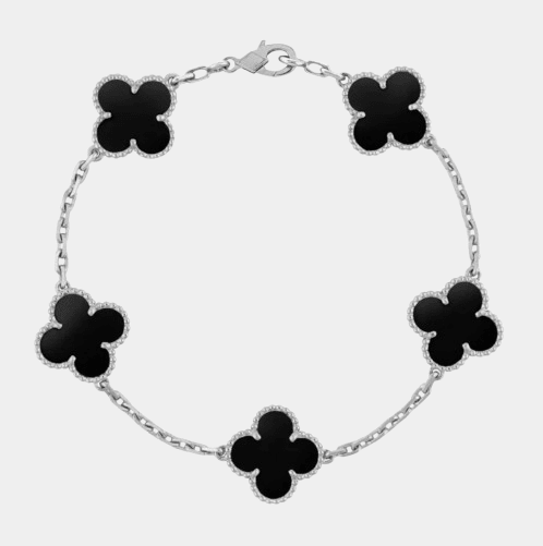 Clover Bracelet Onyx Gemstone Lucky Clover Four Leaf Flower Silver Charm Bracelet - Seven Gates