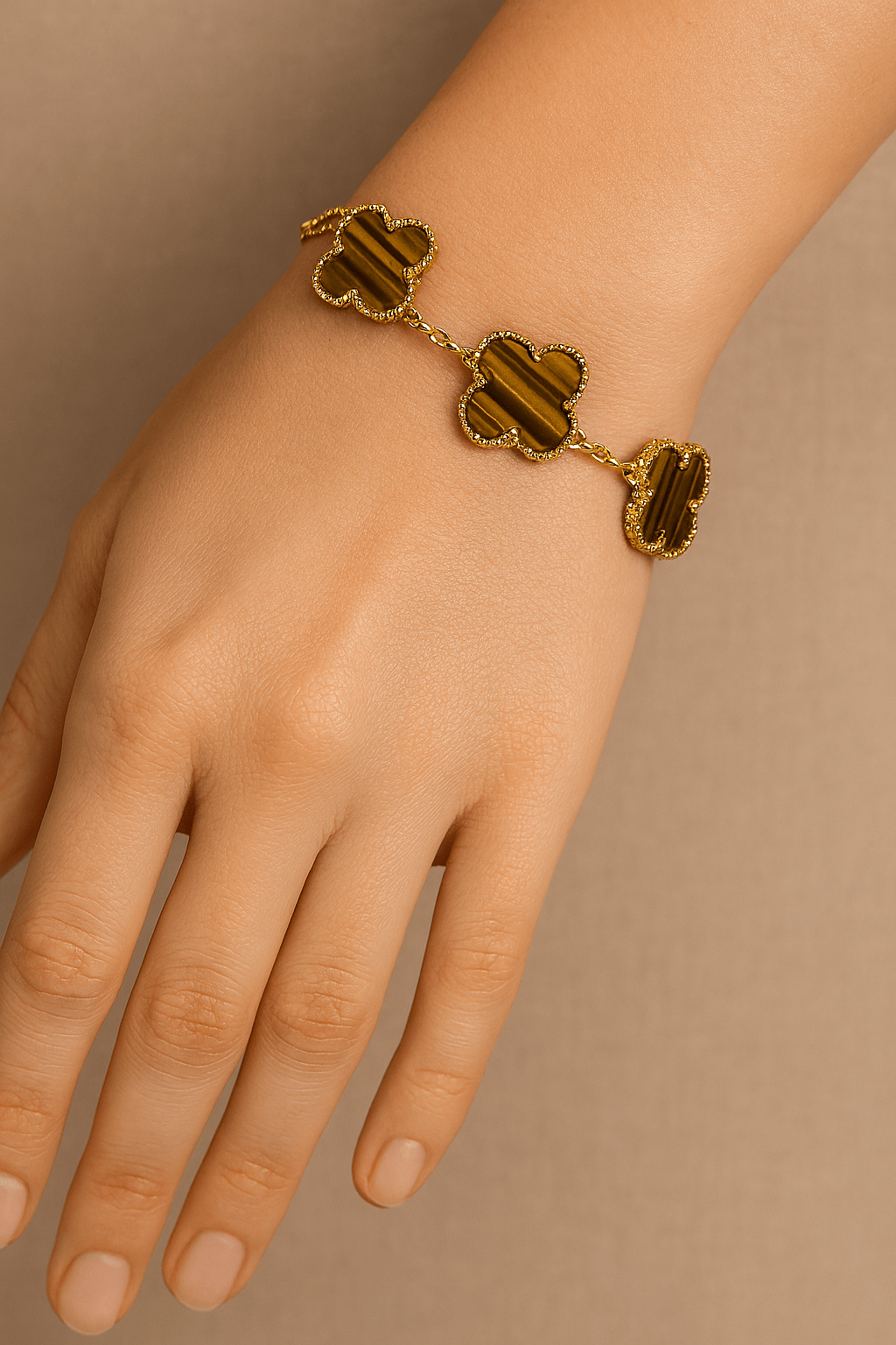 Clover Bracelet Tiger Eye Gemstone Four Leaf Flower 18k Gold Charm Bracelet - Seven Gates