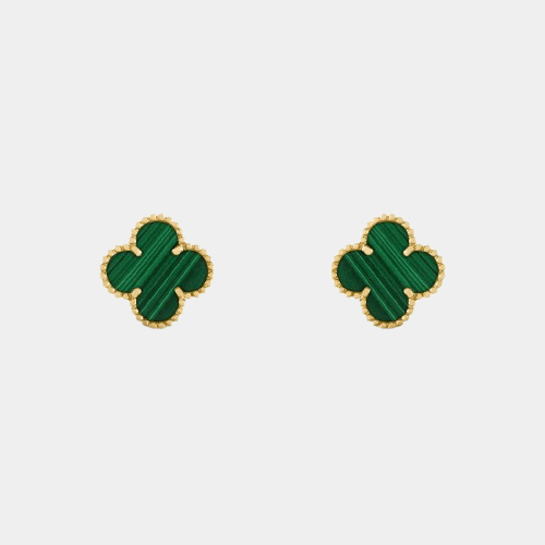 Clover Earrings Mini Four Leaf Flower 18k Gold Malachite Gemstone - Seven Gates