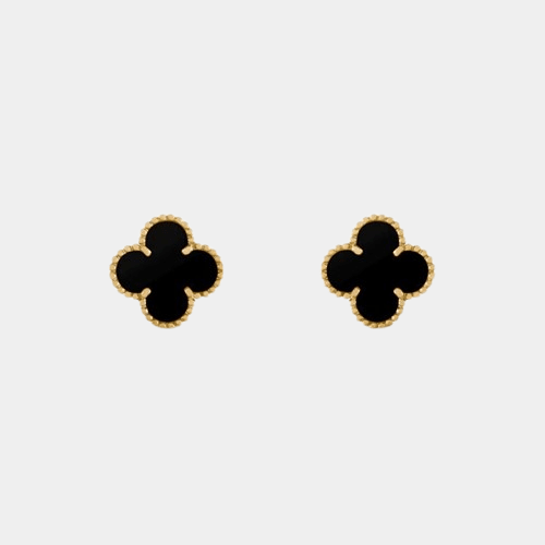 18k gold clover earrings with black onyx gemstone inlays, Van Cleef inspired four-leaf flower studs for women.