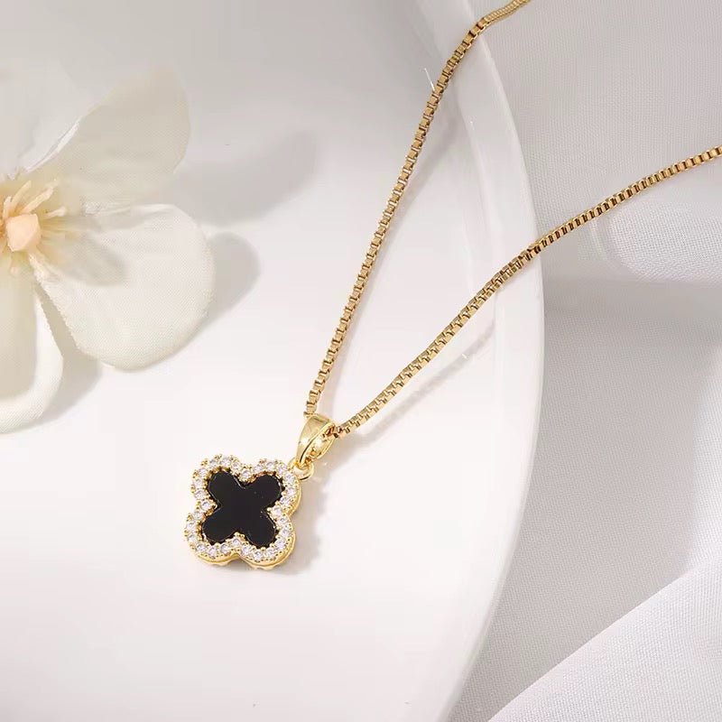 Clover Necklace 18k Gold With Zircon Trim Double Sided Four Leaf Clover Flower - Seven Gates