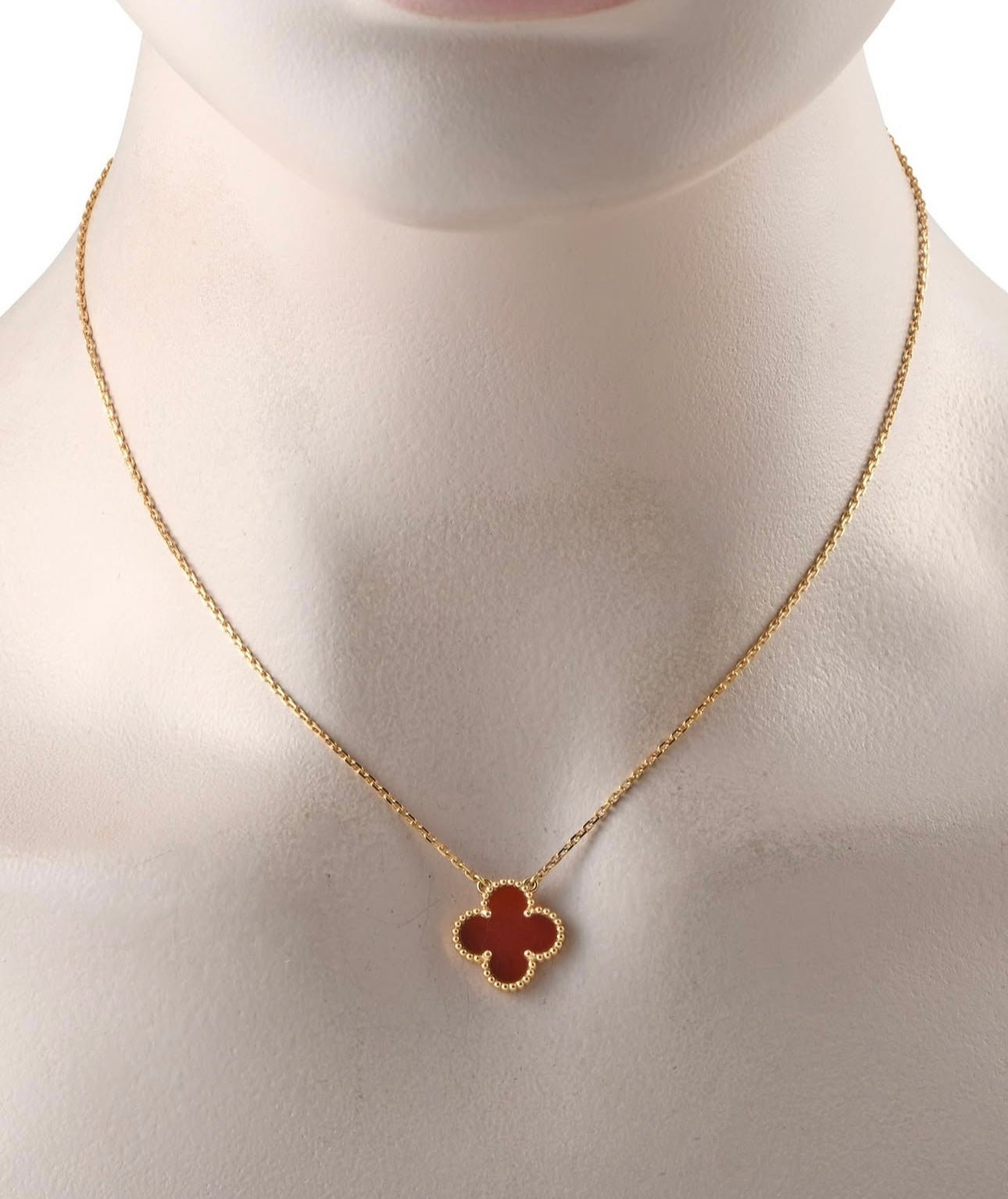 Van Cleef inspired red Carnelian clover necklace in gleaming 18k yellow gold.