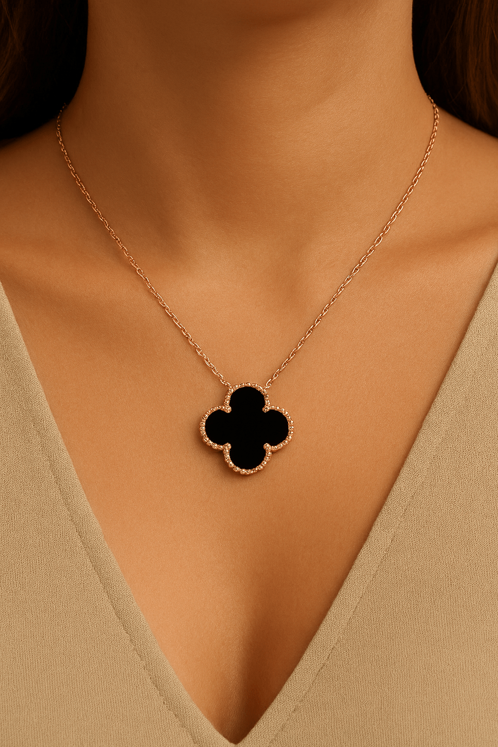 Clover Necklace Lucky Clover Four Leaf Black Onyx 18k Rose Gold Pendant Necklace - Seven Gates