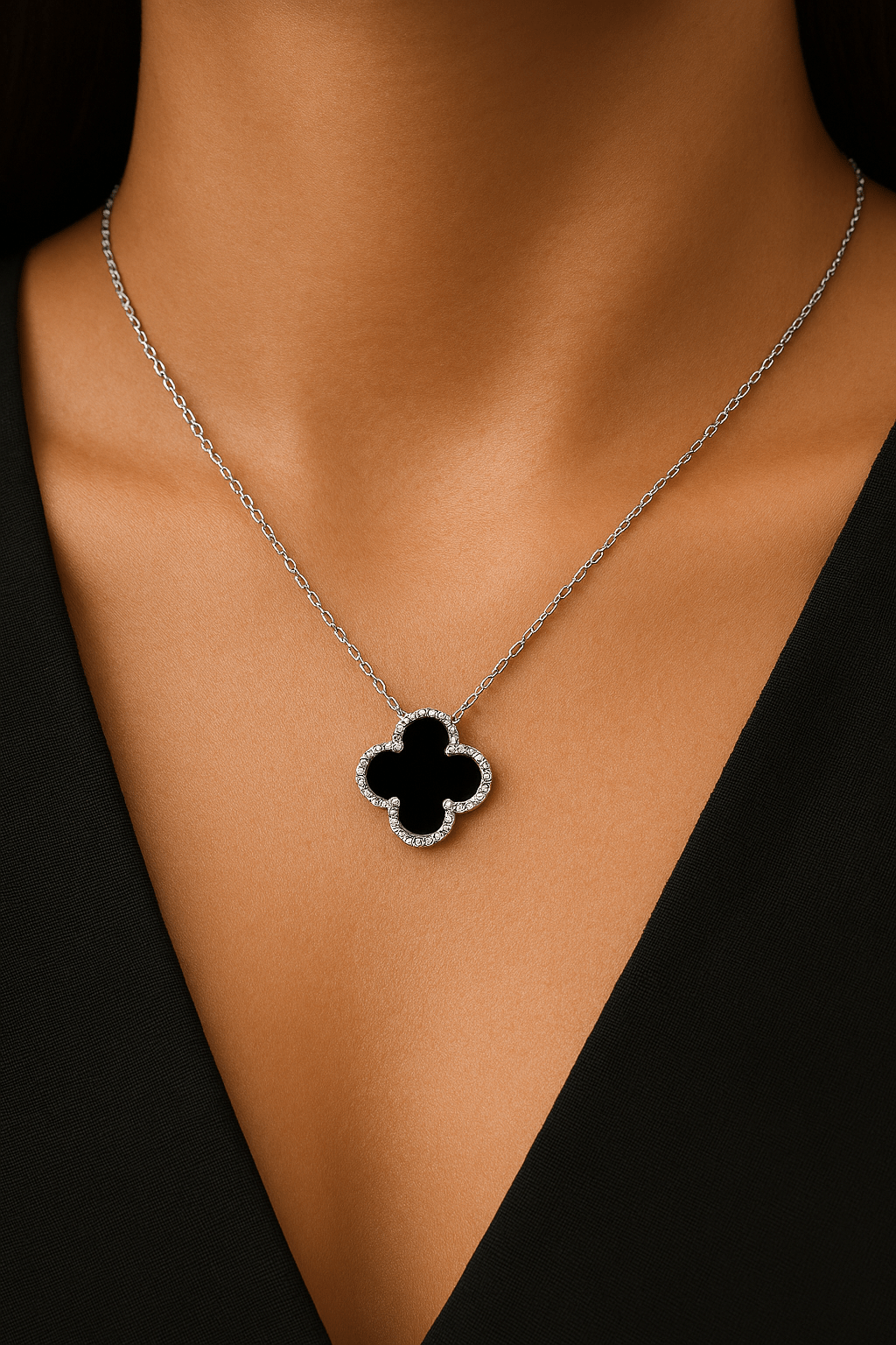 Clover Necklace Lucky Clover Onxy Four Leaf Flower Silver Pendant Necklace - Seven Gates