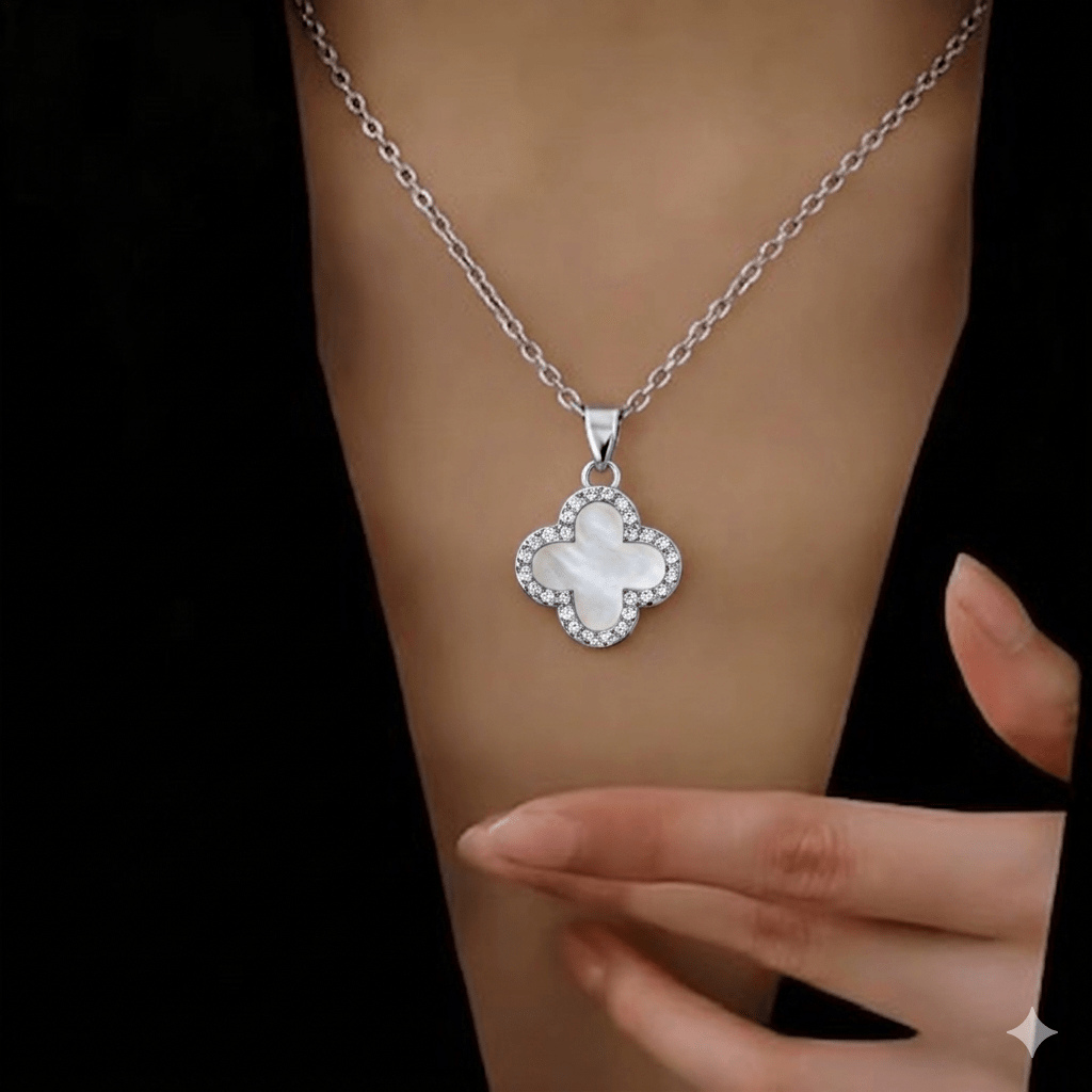 Clover Necklace Silver With Zircon Trim Double Sided Four Leaf Clover Flower - Seven Gates