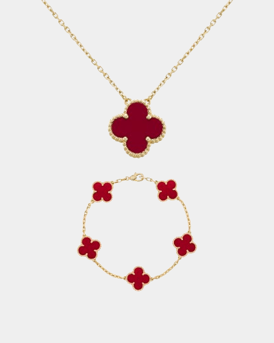 Clover Set Carnelian Gemstone Necklace With Matching Bracelet 18k Gold - Seven Gates