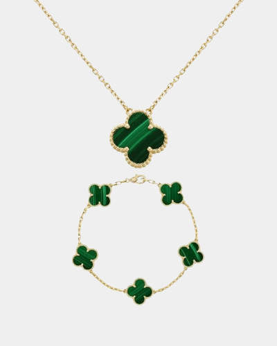 Clover Set Malachite Gemstone Necklace With Matching Bracelet 18k Gold - Seven Gates