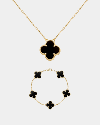 Clover Set Onyx Gemstone Necklace With Matching Bracelet 18k Gold - Seven Gates