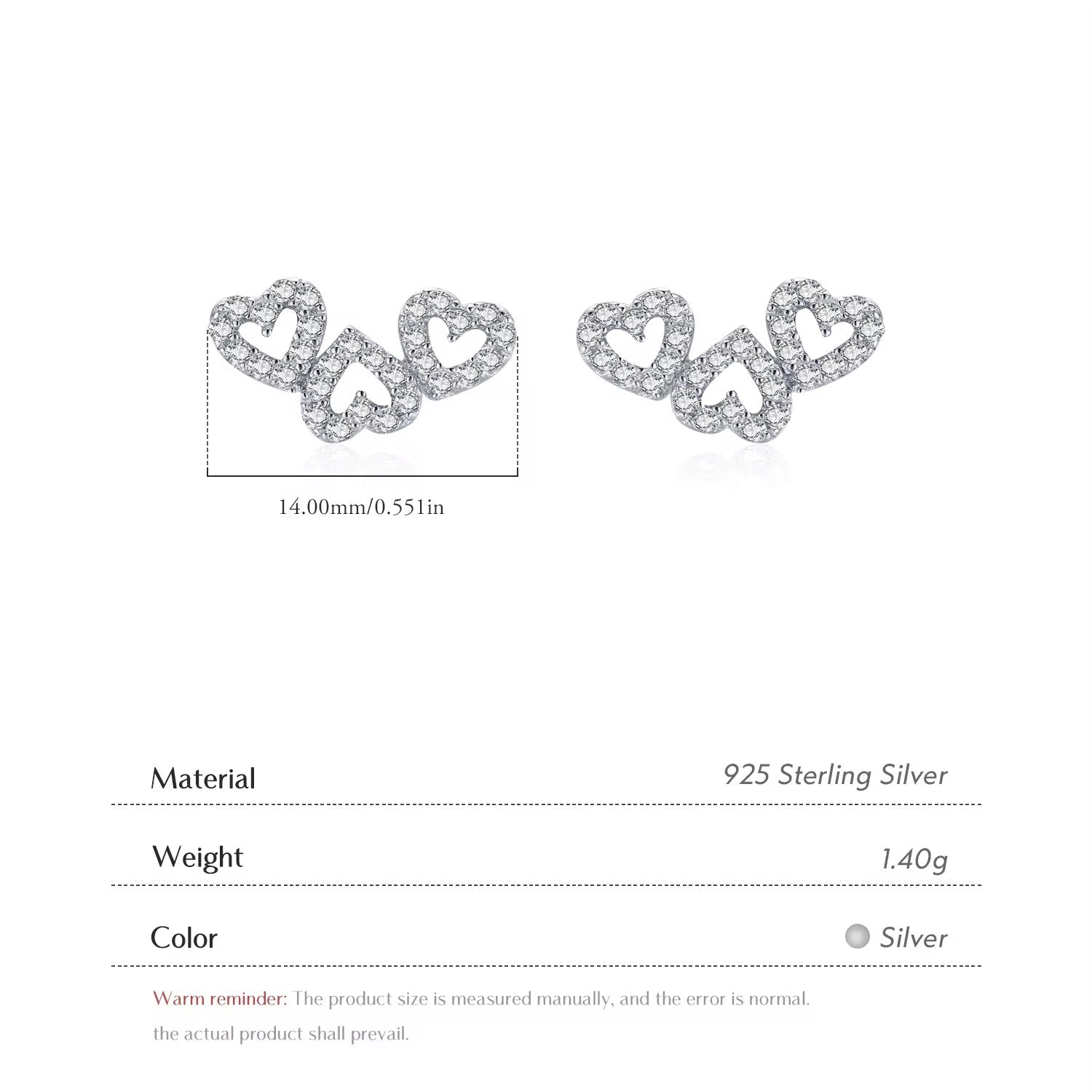 Diamond Triple Heart Mini Stud Earrings S925 Sterling Silver - Seven Gates