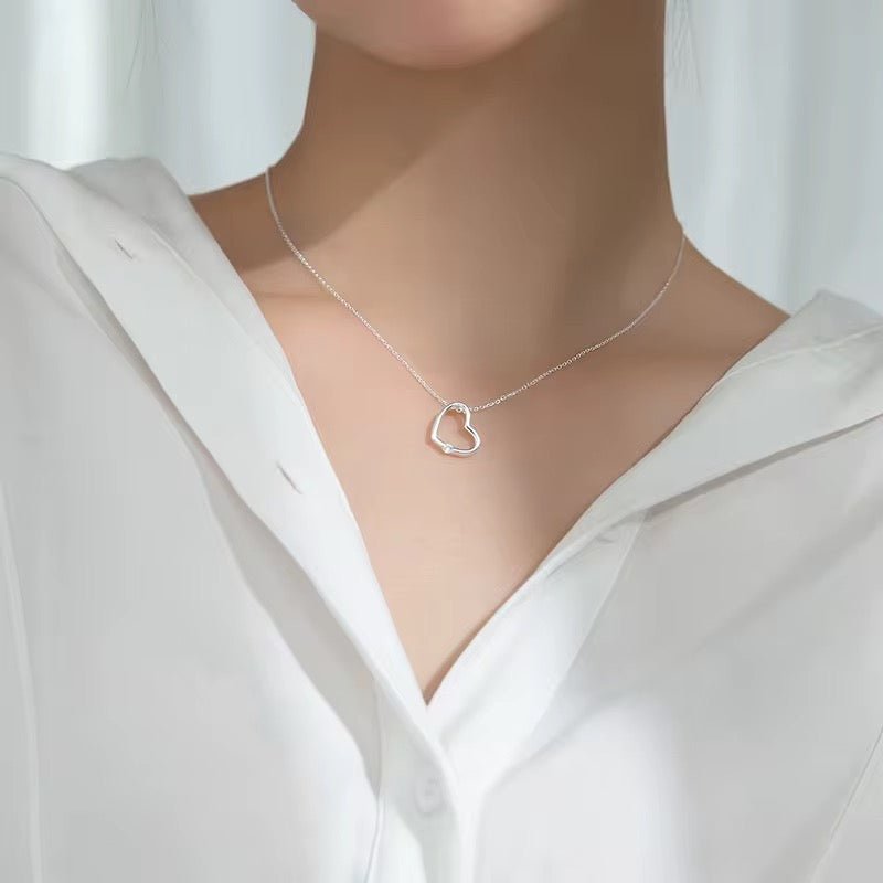Love Heart Necklace Hallow Pendant With Zircon Crystal In S925 Sterling Silver With Zircon - Seven Gates