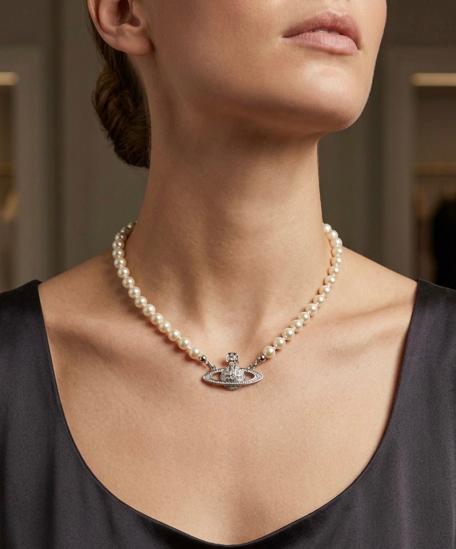 Vivienne Pearl Necklace Saturn Diamond Pendent - Seven Gates