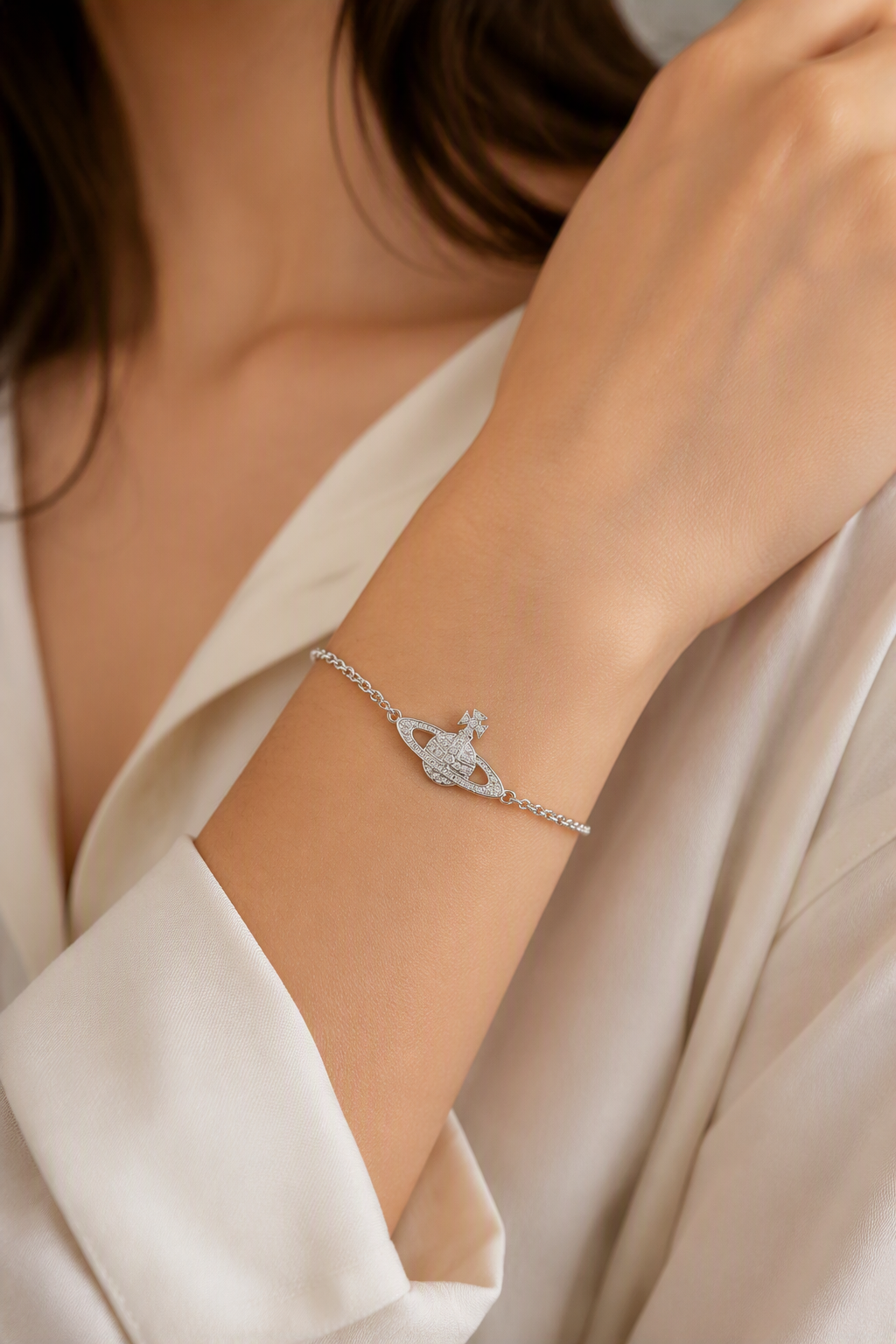Vivienne Planet Charm Bracelet in Silver & Diamonds