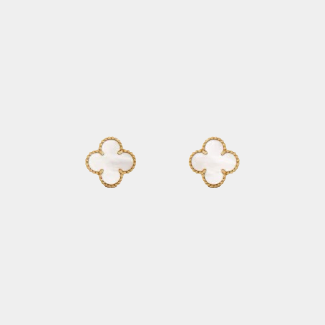 Clover Earrings Mini Four Leaf Flower 18k Yellow Gold Mother of Pearl Gemstone