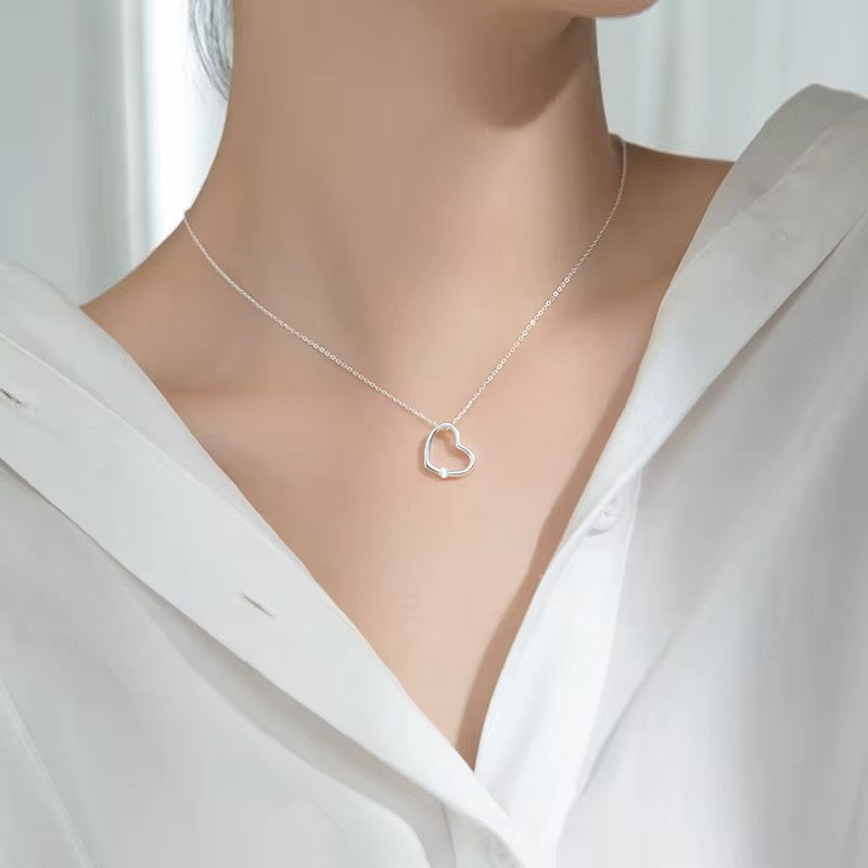 Love Heart Necklace Hallow Pendant With Zircon Crystal In S925 Sterling Silver With Zircon