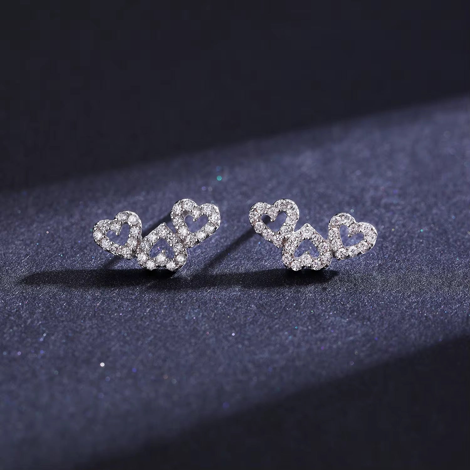 Diamond Triple Heart Mini Stud Earrings S925 Sterling Silver
