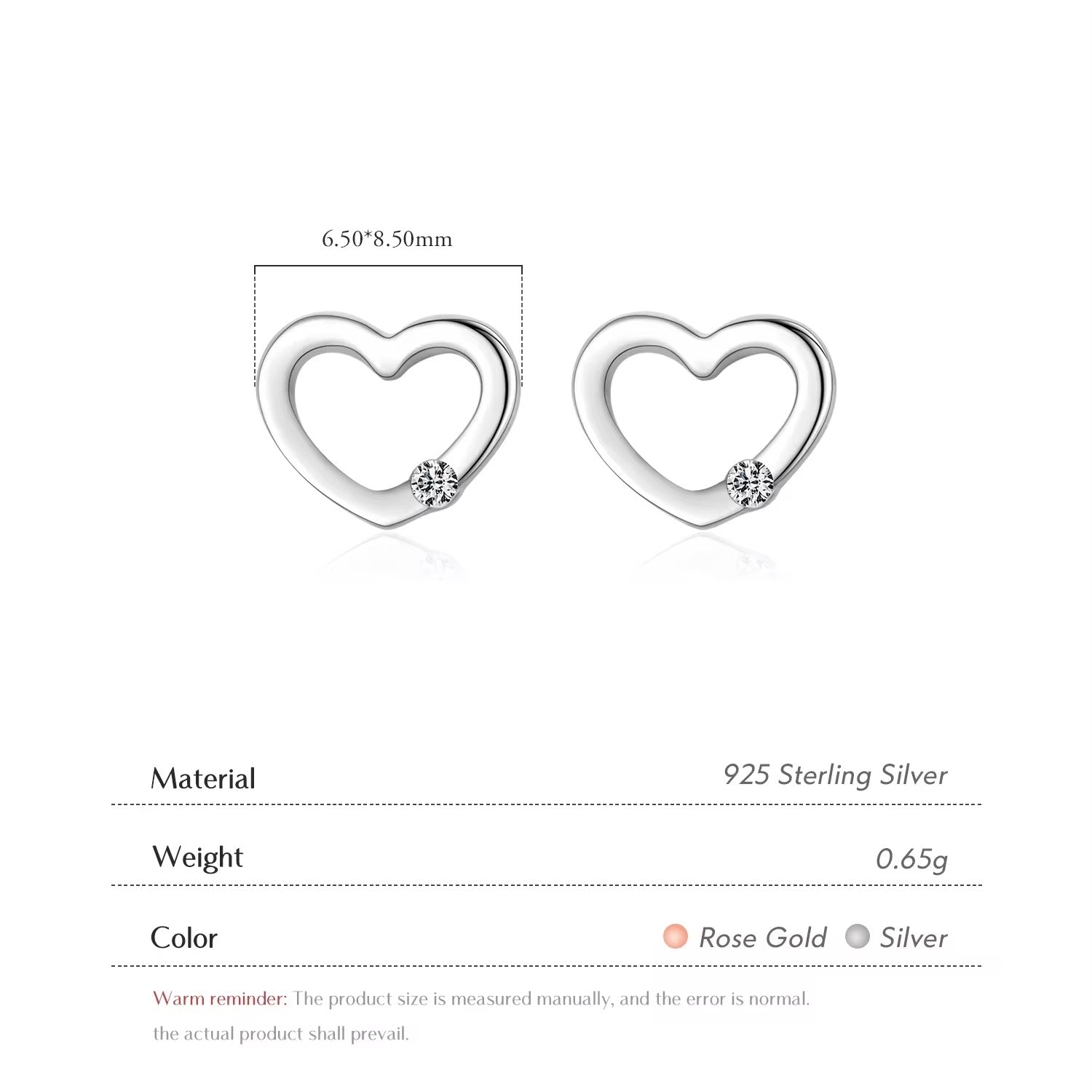 Open Heart Stud Earrings With Zircon Crystal S925 Silver Plated