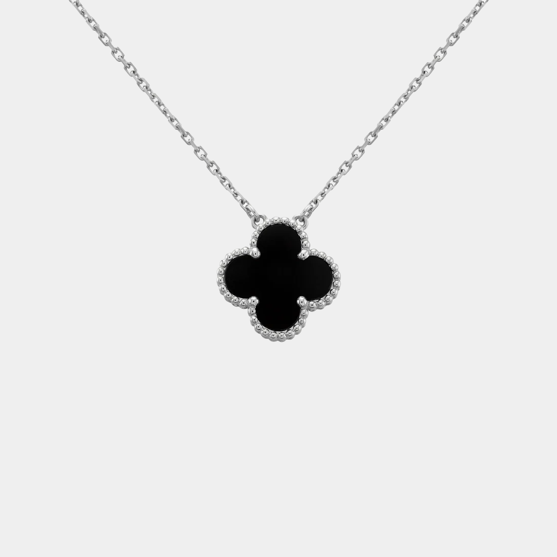 Clover Necklace Lucky Clover Onxy Four Leaf Flower Silver Pendant Necklace