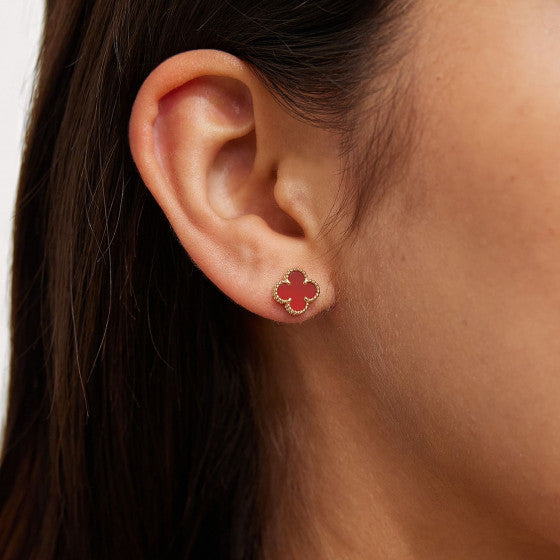Clover Earrings Mini Four Leaf Flower 18k Yellow Gold Red Carnelian Gemstone