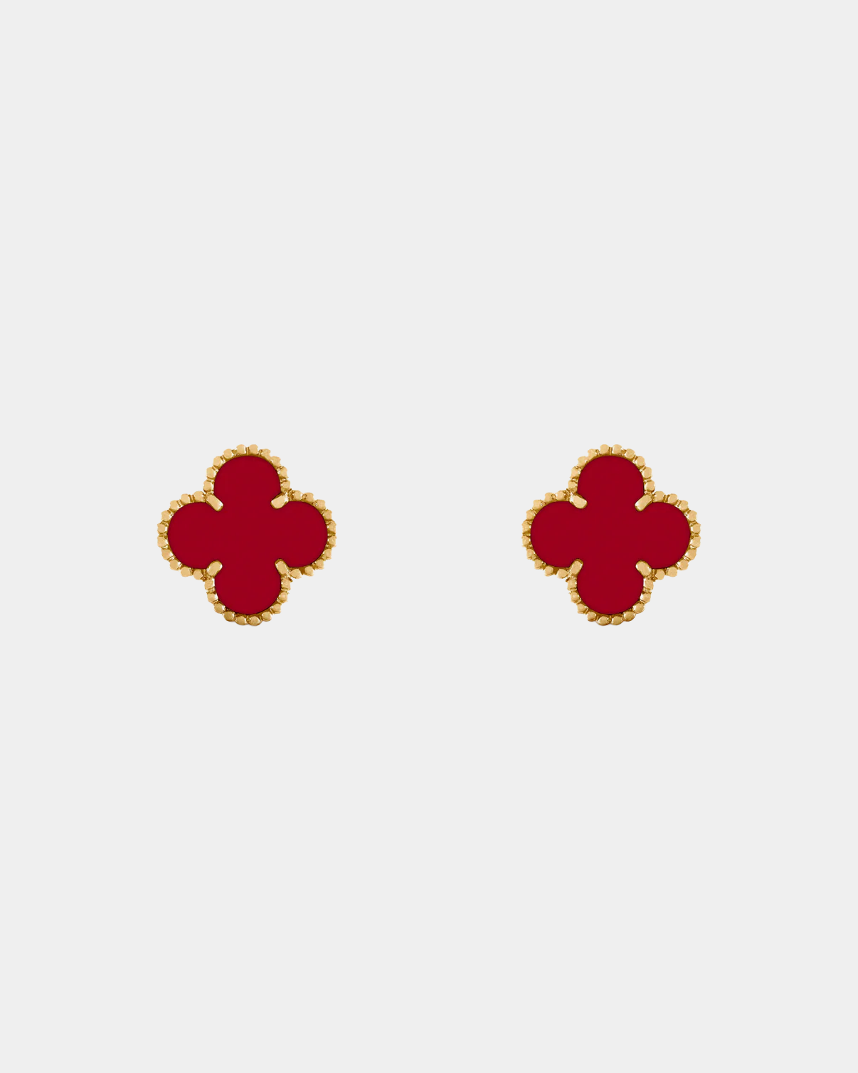 Clover Earrings Mini Four Leaf Flower 18k Yellow Gold Red Carnelian Gemstone