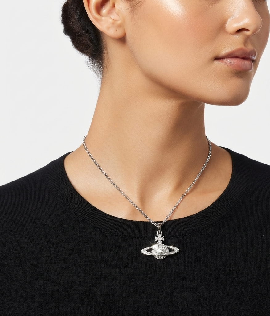 Vivienne Saturn Planet Necklace In Silver With Diamonds