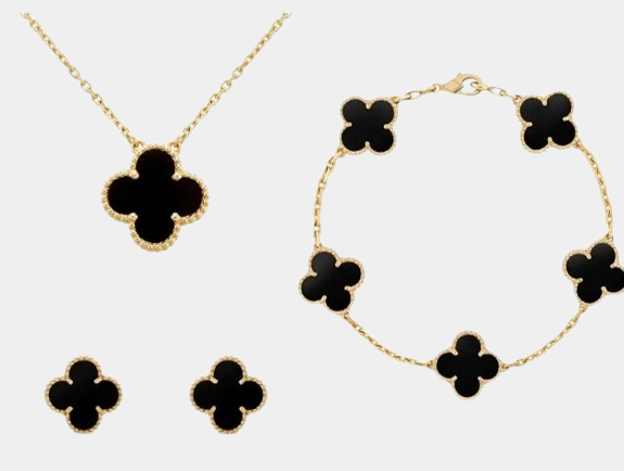 Clover Set Onyx Gemstone Necklace 18K Gold With Matching Bracelet & Earrings