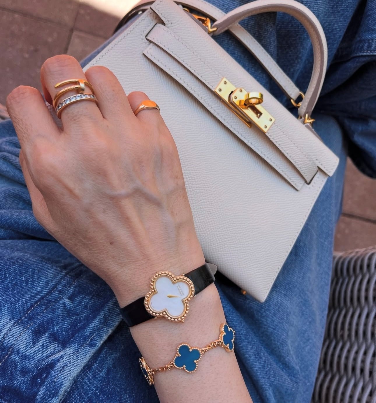 Stunning 18k gold and Blue Agate clover bracelet, the perfect luxury gift for her inspired by timeless design.